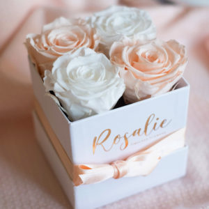 box scatola quadrata di 4 rose stabilizzate di cui due color porcellana e due color bianco con nastro abbinato su fondo di lana color porcellana
