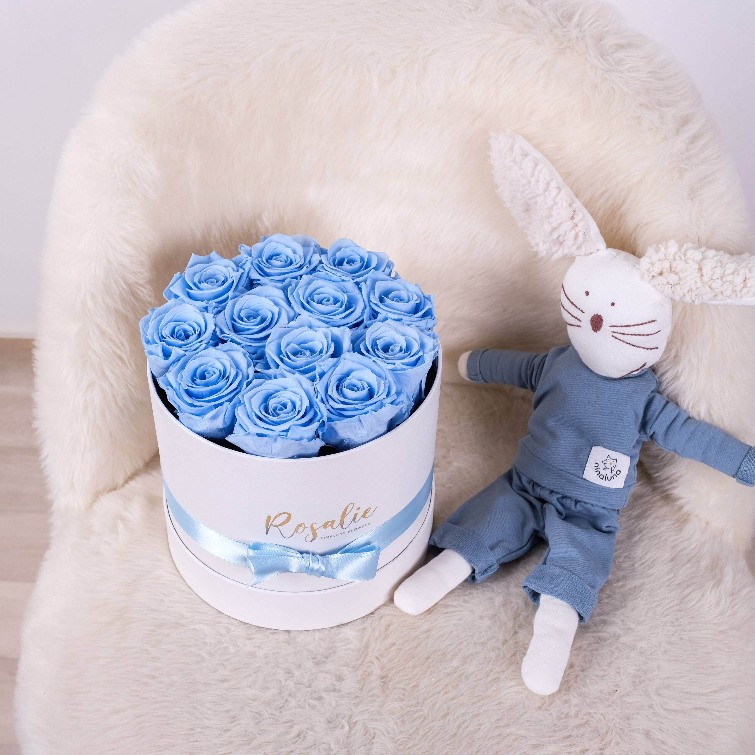 scatola tonda con 12 rose stabilizzate azzurre accanto a peluche a forma di coniglio